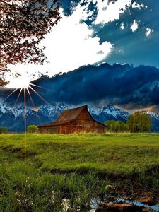 Preview wallpaper grass, trees, field, river, sky, clouds, building