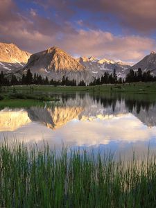 Preview wallpaper grass, water, mountains, sunlight, shade, morning