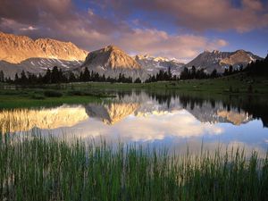 Preview wallpaper grass, water, mountains, sunlight, shade, morning