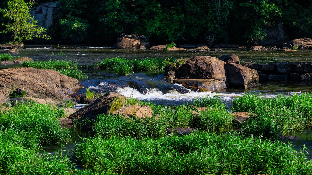 Wallpaper grass, waterfall, rocks, river, nature