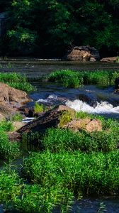 Preview wallpaper grass, waterfall, rocks, river, nature