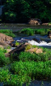 Preview wallpaper grass, waterfall, rocks, river, nature