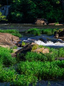 Preview wallpaper grass, waterfall, rocks, river, nature
