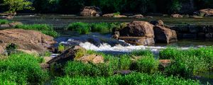 Preview wallpaper grass, waterfall, rocks, river, nature