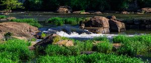 Preview wallpaper grass, waterfall, rocks, river, nature