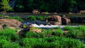 Preview wallpaper grass, waterfall, rocks, river, nature