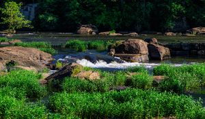 Preview wallpaper grass, waterfall, rocks, river, nature
