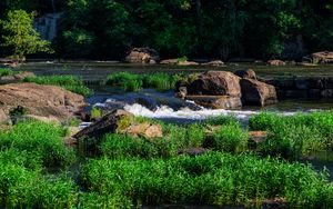 Preview wallpaper grass, waterfall, rocks, river, nature