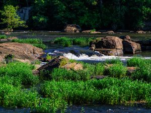 Preview wallpaper grass, waterfall, rocks, river, nature