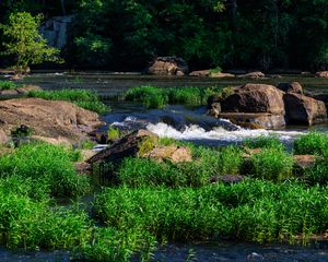 Preview wallpaper grass, waterfall, rocks, river, nature