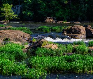 Preview wallpaper grass, waterfall, rocks, river, nature