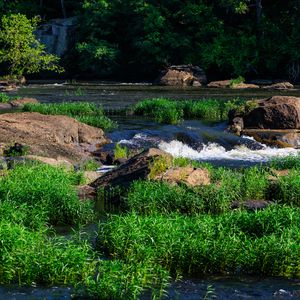 Preview wallpaper grass, waterfall, rocks, river, nature