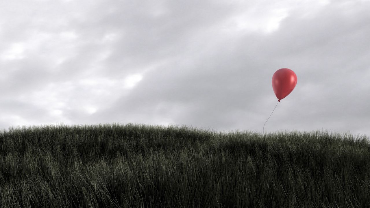 Wallpaper grass, wind, sky, balloon, red
