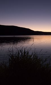 Preview wallpaper grasses, dusk, lake, hill