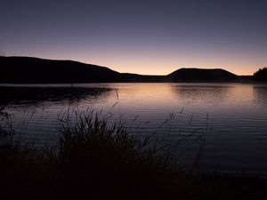 Preview wallpaper grasses, dusk, lake, hill