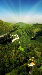 Preview wallpaper great wall, mountains, trees, sun, beams