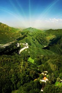 Preview wallpaper great wall, mountains, trees, sun, beams