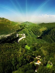 Preview wallpaper great wall, mountains, trees, sun, beams