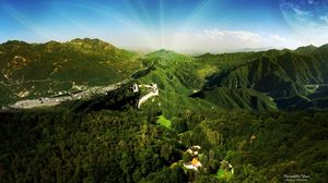 Preview wallpaper great wall, mountains, trees, sun, beams