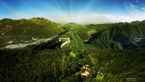 Preview wallpaper great wall, mountains, trees, sun, beams