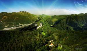 Preview wallpaper great wall, mountains, trees, sun, beams