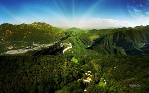 Preview wallpaper great wall, mountains, trees, sun, beams