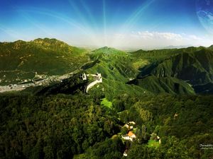 Preview wallpaper great wall, mountains, trees, sun, beams