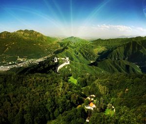 Preview wallpaper great wall, mountains, trees, sun, beams