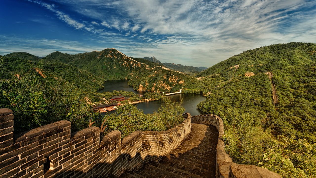 Wallpaper great wall of china, lake, mountains, landscape, china