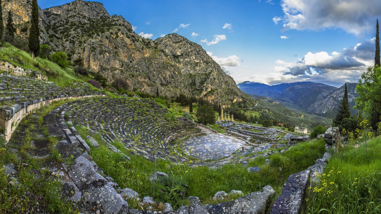 Wallpaper greece, delphi, mountain, grass, sky