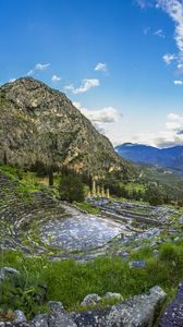 Preview wallpaper greece, delphi, mountain, grass, sky