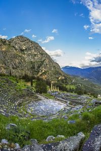 Preview wallpaper greece, delphi, mountain, grass, sky