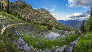 Preview wallpaper greece, delphi, mountain, grass, sky