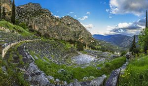 Preview wallpaper greece, delphi, mountain, grass, sky