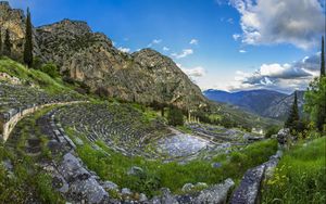 Preview wallpaper greece, delphi, mountain, grass, sky