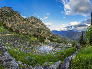 Preview wallpaper greece, delphi, mountain, grass, sky