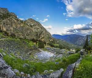 Preview wallpaper greece, delphi, mountain, grass, sky