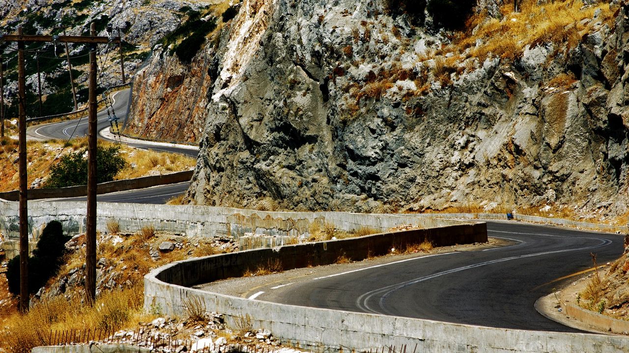 Wallpaper greece, road, bends, serpentine, rocks, asphalt