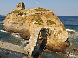 Preview wallpaper greece, rock, arch, flag