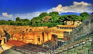 Preview wallpaper greece, rome, ruins, stairs, sky, trees, day, hdr