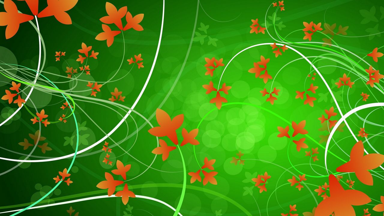Download wallpaper 1280x720 green, orange, flowers, patterns, leaves hd,  hdv, 720p hd background