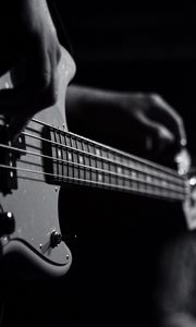 Preview wallpaper guitar, bas-guitar, strings, hands, music, black and white