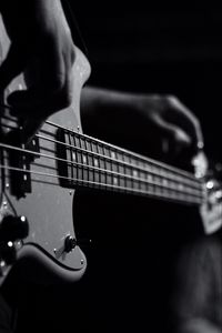 Preview wallpaper guitar, bas-guitar, strings, hands, music, black and white