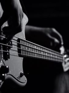 Preview wallpaper guitar, bas-guitar, strings, hands, music, black and white