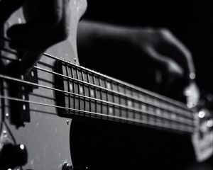 Preview wallpaper guitar, bas-guitar, strings, hands, music, black and white