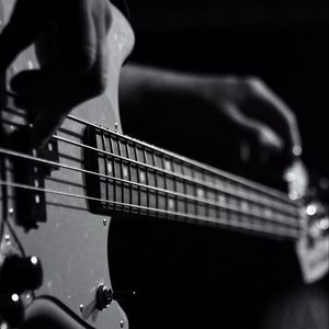 Preview wallpaper guitar, bas-guitar, strings, hands, music, black and white