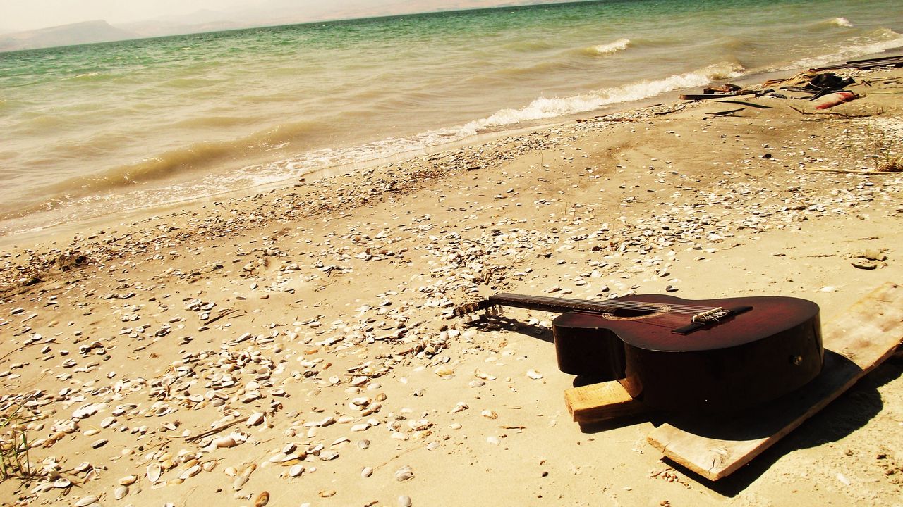 Wallpaper guitar, beach, coast, sand, stones, romanticism