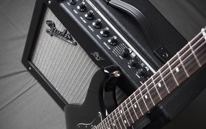 Preview wallpaper guitar, electric guitar, amplifier, music, black and white
