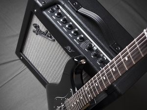 Preview wallpaper guitar, electric guitar, amplifier, music, black and white