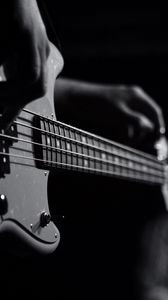 Preview wallpaper guitar, bas-guitar, strings, hands, music, black and white